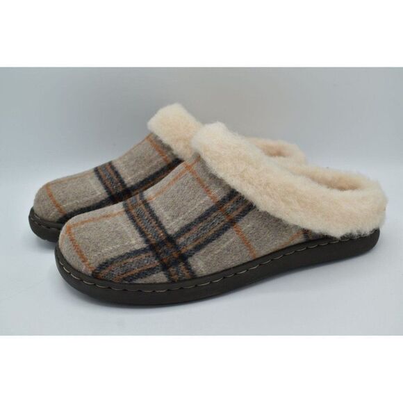 Born Womens Size 11 Ali Genuine Shearling Wool Trim White Plaid Slip On Slippers - Picture 3 of 12